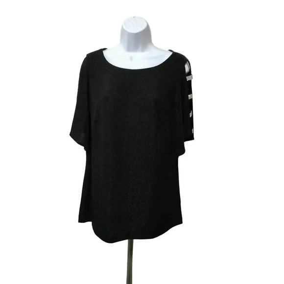 Alex Evenings Size Large Metallic Cut-Out Sleeves Black Sparkly Top - Picture 1 of 9